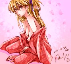 Rule 34 | 1girl, 2015, alternate costume, amelie, aqua eyes, bare shoulders, blonde hair, breasts, cherry blossoms, cleavage, dated, hair ribbon, japanese clothes, kimono, light brown hair, long hair, long sleeves, looking at viewer, medium breasts, neon genesis evangelion, no bra, off shoulder, open clothes, open kimono, petals, ribbon, robe, signature, sitting, solo, souryuu asuka langley, two side up