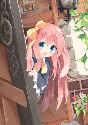 Rule 34 | 1girl, :d, animal ears, blue eyes, blue jacket, blush, bottle, bow, bowtie, commentary request, day, flower, flower pot, hair between eyes, hair bow, highres, jacket, kushida you, long sleeves, looking at viewer, open door, open mouth, original, outdoors, peeking out, pink flower, pink hair, plant, rabbit ears, ribbon, smile, solo, vines, white flower, wide sleeves, wooden floor, yellow bow, yellow bowtie, yellow ribbon