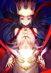 Rule 34 | 1girl, bare shoulders, breasts, collarbone, commentary request, cosplay, cross, cross earrings, crown, detached sleeves, dress, dress of heaven, earrings, expressionless, eyebrows, eyelashes, fate/grand order, fate (series), female focus, floating hair, gold trim, half-closed eyes, irisviel von einzbern, irisviel von einzbern (caster), irisviel von einzbern (caster) (cosplay), ishtar (fate), jewelry, large breasts, linea alba, long hair, looking at viewer, midriff, parted lips, purple hair, red eyes, solo, standing, underboob, upper body, very long hair, white dress, yaoshi jun