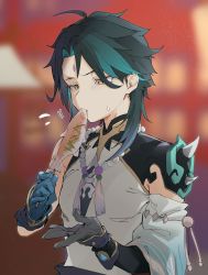 Rule 34 | 1boy, ahoge, arm guards, bead necklace, beads, black gloves, black hair, blurry, blurry background, closed mouth, detached sleeves, diamond-shaped pupils, diamond (shape), eating, facial mark, fish, food, forehead mark, genshin impact, gloves, green gloves, green hair, highres, holding, holding food, jewelry, long hair, male focus, multicolored hair, necklace, parted bangs, shoulder pads, shoulder spikes, sleeveless, slit pupils, solo, spikes, sweat, sweatdrop, symbol-shaped pupils, tassel, uno ryoku, vision (genshin impact), xiao (genshin impact), yellow eyes