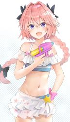 Rule 34 | 1boy, :d, astolfo (fate), astolfo (sparkling frills) (fate), bare shoulders, bikini, black bow, blue bikini, blush, bow, braid, collarbone, commentary, cowboy shot, fang, fate/extella, fate/extella link, fate/extra, fate (series), floating hair, hair between eyes, hair bow, hair intakes, hand on own hip, highres, holding, holding water gun, kusumoto touka, long hair, looking at viewer, male focus, multicolored hair, navel, off-shoulder bikini, off shoulder, official alternate costume, open mouth, pink bow, pink hair, print skirt, purple eyes, revision, see-through, single braid, skin fang, skirt, smile, solo, standing, star (symbol), star print, starry background, streaked hair, swimsuit, trap, v-shaped eyebrows, water gun, white background, white skirt, wrist bow