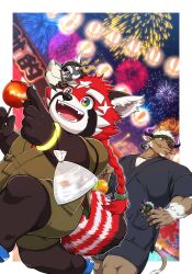 Rule 34 | 2boys, animal ears, border, braid, brown fur, candy apple, chest hair, cow ears, cow horns, cow tail, cowboy shot, facial hair, fangs, fangs out, festival, firework background, fish, food, furry, furry male, fuxi (housamo), glowstick, goatee, goldfish, highres, horns, japanese clothes, kimono, lantern, large pectorals, leaf, male focus, minotaur, mouth hold, multicolored eyes, multicolored fur, multiple boys, muscular, muscular male, open mouth, outside border, pectorals, pointing, pointing forward, purple eyes, purple horns, rainbow eyes, red fur, red panda boy, red panda ears, red panda tail, sandals, shennong (housamo), smile, stalk in mouth, stuffed animal, stuffed toy, tail, thick eyebrows, tokyo houkago summoners, white border, white fur, white hair, yanai inaya, yo-yo, yukata, zhurong (housamo)
