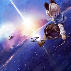 Rule 34 | 1girl, animal ears, blush, cloud, dowsing rod, flying, from behind, greatmosu, grey hair, mouse ears, mouse tail, nazrin, palanquin ship, short hair, skirt, snow, solo, tail, touhou