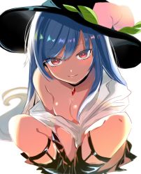 Rule 34 | 1girl, absurdres, bare shoulders, black choker, black footwear, black headwear, blue hair, blush, boots, breasts, choker, cleavage, collarbone, commentary, feet out of frame, food, fruit, hair between eyes, highres, hinanawi tenshi, indian style, leaf, long hair, looking at viewer, medium breasts, off shoulder, parted lips, peach, red eyes, satoupote, shirt, simple background, sitting, smile, solo, touhou, white background, white shirt