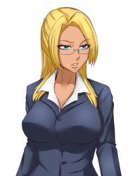 Rule 34 | 10s, 1girl, amagi brilliant park, ashe (amaburi), blazer, blonde hair, blue eyes, breasts, collarbone, dark-skinned female, dark skin, glasses, highres, impossible clothes, jacket, large breasts, long hair, long sleeves, looking at viewer, nofuture, office lady, parted lips, rimless eyewear, solo, transparent background, upper body