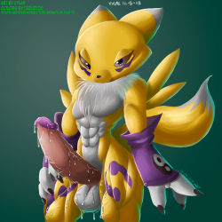 Rule 34 | 1boy, 2019, abs, bare shoulders, blue eyes, chest tuft, collaboration, dated, detached sleeves, digimon, digimon (creature), digimon tamers, facial mark, fingernails, furry, futanari, gender request, genderswap, hand on leg, looking at viewer, muscular, muscular male, penis, pointy ears, renamon, sharp fingernails, signature, standing, tail, testicles, tiquitoc, watermark, web address, white fur, xylas, yellow fur, yin yang, yin yang print