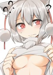 Rule 34 | 1girl, animal ears, bare shoulders, blush, breasts, clothes lift, detached sleeves, embarrassed, eyebrows, fun bo, hat, inubashiri momiji, looking at viewer, open mouth, pom pom (clothes), red eyes, shirt lift, short hair, simple background, solo, tokin hat, touhou, turtleneck, underboob, upper body, wavy mouth, white hair, wolf ears