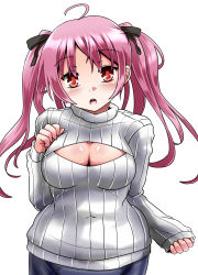 Rule 34 | 1girl, blush, breasts, cleavage, cleavage cutout, clothing cutout, covered navel, hair ribbon, highres, large breasts, lilish, long hair, looking at viewer, md5 mismatch, meme attire, navel, open-chest sweater, open mouth, original, pink eyes, pink hair, plump, red eyes, ribbed sweater, ribbon, solo, standing, sweater, turtleneck, twintails, wide hips