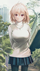 Rule 34 | 1girl, antenna hair, arcueid brunestud, arms behind back, black pantyhose, blonde hair, blue skirt, blurry, blush, breasts, building, closed mouth, cowboy shot, day, depth of field, highres, jewelry, kurono mitsuki, long sleeves, looking at viewer, medium breasts, miniskirt, necklace, outdoors, pantyhose, park, pleated skirt, red eyes, short hair, skirt, smile, solo, standing, sweater, tree, tsukihime, tsukihime (remake), turtleneck, turtleneck sweater, white sweater