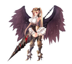 Rule 34 | 1girl, absurdres, angel wings, armored boots, armpits, bad id, bad pixiv id, bangle, black gloves, black leotard, black thighhighs, black wings, blouse, blush, boots, bracelet, breasts, collared shirt, commentary request, covered navel, cowboy shot, demon horns, elbow gloves, fallen angel, feathers, full body, garter belt, garter straps, gloves, gold, gold trim, groin, hand up, high heel boots, high heels, highleg, highleg leotard, highres, holding, holding weapon, horns, jewelry, lance, large breasts, leotard, long hair, looking at viewer, neck ribbon, original, parted lips, polearm, red eyes, red ribbon, ribbon, shirt, short sleeves, sidelocks, simple background, skindentation, smile, solo, thighhighs, thighs, twintails, underbust, untue, very long hair, weapon, white background, white shirt, wings