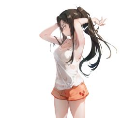 Rule 34 | 1girl, adjusting hair, black hair, character request, girls&#039; frontline, highres, holding, holding hair, imoko (imonatsuki), long hair, sitting, solo, white background