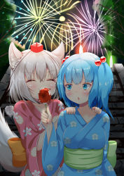Rule 34 | 2girls, :o, aerial fireworks, alternate costume, animal ears, arm up, behind another, blue eyes, blue hair, blue kimono, blush, breasts, candy apple, collarbone, commentary request, eating, closed eyes, fireworks, floral print, food, grin, hair between eyes, hair bobbles, hair ornament, hands on another&#039;s shoulders, hat, inubashiri momiji, japanese clothes, kawashiro nitori, kimono, looking back, medium breasts, multiple girls, night, obi, outdoors, pink kimono, red headwear, rururiaru, sash, short hair, silver hair, smile, stairs, standing, tail, tokin hat, touhou, two side up, upper body, wolf ears, wolf tail, yukata