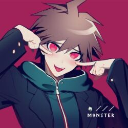 Rule 34 | 1boy, :d, ahoge, bowknot huhu, danganronpa: trigger happy havoc, danganronpa (series), long sleeves, looking at viewer, male focus, naegi makoto, open mouth, red background, red eyes, short hair, simple background, smile, solo, teeth, tongue, upper teeth only