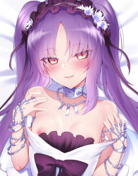 Rule 34 | 1girl, armlet, bare shoulders, blush, bracelet, breasts, clothes pull, dakimakura (medium), dress, dress pull, euryale (fate), euryale (third ascension) (fate), fate/grand order, fate/hollow ataraxia, fate (series), frilled hairband, frills, hairband, highres, jewelry, long hair, looking at viewer, lying, m-da s-tarou, neck ring, necklace, nipples, on back, open mouth, orange eyes, parted bangs, purple hair, sidelocks, slit pupils, small breasts, smile, solo, twintails, very long hair, white dress