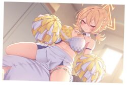 Rule 34 | 1boy, 1girl, bad id, bad pixiv id, blonde hair, blue archive, blush, breasts, cleavage, closed mouth, clothes writing, collarbone, girl on top, halo, holding, holding pom poms, kotori (blue archive), kotori (cheer squad) (blue archive), large breasts, long hair, millennium cheerleader outfit (blue archive), navel, official alternate costume, pom pom (cheerleading), pom poms, red eyes, sasakura momiji, short twintails, skirt, thigh strap, twintails, white skirt, yellow halo