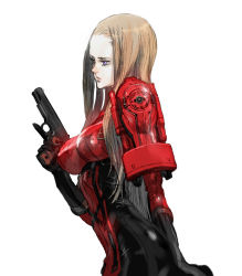 Rule 34 | 1girl, armor, blonde hair, blue eyes, bodysuit, breasts, expressionless, from side, gun, handgun, highres, holding, holding gun, holding weapon, large breasts, long hair, m1911, masao tsubasa, metal gear (series), metal gear acid, metal gear acid 2, official art, pauldrons, pistol, profile, shoulder armor, simple background, skin tight, solo, tight clothes, trigger discipline, upper body, venus (mga), weapon, white background