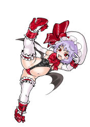 Rule 34 | 1girl, bare shoulders, bat wings, cameltoe, cleft of venus, elbow gloves, fang, full body, gloves, hat, high heels, mersoleil03, navel, open mouth, purple hair, red eyes, remilia scarlet, revealing clothes, simple background, solo, spread legs, thighhighs, tongue, touhou, white background, white gloves, white thighhighs, wings