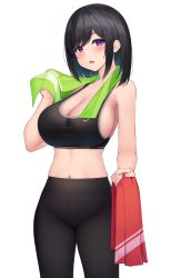 Rule 34 | 1girl, bare arms, bare shoulders, black hair, breasts, cleavage, collarbone, cowboy shot, crop top, highres, holding, large breasts, leggings, looking at viewer, maemi (maemi12), medium hair, midriff, navel, open mouth, original, purple eyes, sidelocks, simple background, sleeveless, solo, sports bra, standing, stomach, taut clothes, towel, towel around neck, white background