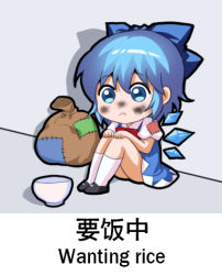 Rule 34 | 1girl, :&lt;, bag, bilingual, blue eyes, blue hair, bow, bowl, chibi, circled 9, cirno, commentary request, dirty, dirty face, hair bow, ice, ice wings, jokanhiyou, lowres, meme, mixed-language text, patch, shadow, short hair, sitting, solo, touhou, translation request, wings