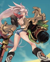 Rule 34 | 1girl, alternate costume, amputee, back, baiken, big hair, blue background, boots, breasts, commentary request, cowboy hat, denim, denim shorts, eyepatch, facial tattoo, from below, guilty gear, guilty gear xrd, hat, highres, holding, holding weapon, jako (toyprn), large breasts, looking at viewer, one-eyed, open mouth, pink hair, ponytail, red eyes, red scarf, scar, scar across eye, scar on face, scarf, short shorts, shorts, tattoo, thighs, weapon