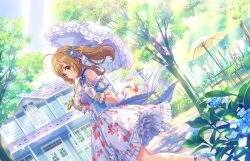 Rule 34 | 1girl, ahoge, bare shoulders, blue dress, blue footwear, blue ribbon, bow, bowtie, breasts, brown hair, cherry print, day, dress, dutch angle, food print, frilled dress, frilled gloves, frilled umbrella, frills, from side, game cg, gloves, green eyes, hair bow, hair ornament, hair ribbon, hands up, high heels, holding, idolmaster, idolmaster cinderella girls, idolmaster cinderella girls starlight stage, legs, lens flare, long hair, medium breasts, multicolored clothes, multicolored dress, official art, outdoors, parasol, pink ribbon, print dress, ribbon, sato shin, sidelocks, smile, solo, standing, standing on one leg, strappy heels, swept bangs, tree, twintails, umbrella, white dress, white gloves, white umbrella