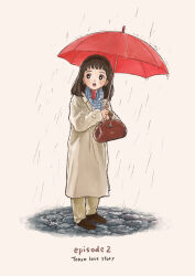 Rule 34 | 1girl, :o, akana rika, bag, black eyes, black hair, black hairband, blue scarf, bright pupils, brown bag, brown footwear, coat, cobblestone, copyright name, earrings, english text, episode number, full body, hairband, handbag, highres, holding, holding bag, holding umbrella, jewelry, lips, long sleeves, looking to the side, medium hair, open mouth, pants, rain, red umbrella, scarf, simple background, solo, standing, teeth, tokoyu, tokyo love story, umbrella, white background