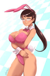 Rule 34 | 1girl, animal ears, bare legs, bow, bowtie, brown eyes, brown hair, checkered background, commentary request, contrail, cowboy shot, crossed arms, detached collar, glasses, highres, leotard, lolita majin, long hair, looking at viewer, low ponytail, mature female, original, pink bow, pink bowtie, pink leotard, playboy bunny, rabbit ears, rabbit tail, solo, tail, wrist cuffs