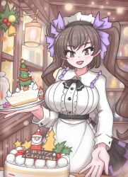 Rule 34 | 1girl, apron, black hairband, breasts, brown eyes, brown hair, buttons, cake, christmas, food, frilled apron, frilled headwear, frilled shirt collar, frills, hairband, highres, himekaidou hatate, holding, holding cake, holding food, holding plate, indoors, large breasts, long sleeves, looking at viewer, mini christmas tree, plaid, plaid skirt, plate, pointy ears, puffy long sleeves, puffy sleeves, purple ribbon, ribbon, shirt, skirt, smile, solo, temu, touhou, twintails, two-tone skirt, white apron, white shirt