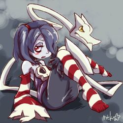 Rule 34 | 1girl, ass, blue skin, colored skin, detached collar, detached sleeves, dress, grey background, hair over one eye, half-closed eyes, legs up, leviathan (skullgirls), looking at viewer, mtk hoshi, purple hair, red eyes, side ponytail, sitting, skullgirls, socks, solo, squigly (skullgirls), stitched mouth, stitches, striped clothes, striped sleeves, striped socks, wide hips, zombie