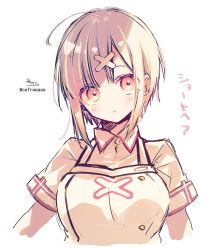 Rule 34 | 1girl, :o, absurdres, ahoge, alternate hair length, alternate hairstyle, apron, blush, breasts, commentary request, cropped torso, dress, hair ornament, highres, looking at viewer, medium breasts, mole, mole under eye, nijisanji, no headwear, parted lips, red eyes, short hair, short sleeves, sidelocks, signature, simple background, sofra, solo, sukoya kana, translation request, twitter username, upper body, virtual youtuber, white apron, white background, white dress, white hair, x hair ornament