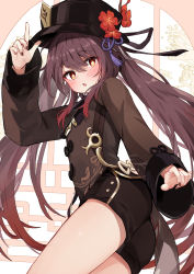 1girl absurdres arm_up black_hat black_nails black_shorts blush brown_eyes brown_hair brown_jacket commentary_request flower flower-shaped_pupils genshin_impact hair_between_eyes hat hat_flower highres hu_tao_(genshin_impact) jacket long_hair long_sleeves nail_polish racchi. red_flower short_shorts shorts sleeves_past_wrists solo symbol-shaped_pupils twintails very_long_hair