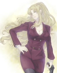 Rule 34 | 1girl, bad id, bad pixiv id, balalaika (black lagoon), black lagoon, blazer, blonde hair, blue eyes, breasts, chito04, cleavage, formal, gun, hand on own hip, hip focus, jacket, large breasts, long hair, mole, mole under eye, nail polish, office lady, pantyhose, pencil skirt, ponytail, red nails, scar, skirt, skirt suit, solo, stechkin aps, suit, weapon