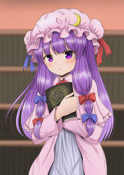 Rule 34 | 1girl, absurdres, blue bow, blue ribbon, blunt bangs, blurry, blurry background, blush, book, bookshelf, bow, bowtie, capelet, collar, commentary request, crescent, crescent hat ornament, crescent pin, hair bow, hat, hat ornament, hat ribbon, highres, holding, holding book, ichima (pixiv 29147205), long hair, looking at viewer, mob cap, partial commentary, patchouli knowledge, purple eyes, purple hair, red bow, red bowtie, red ribbon, ribbon, robe, solo, touhou, upper body, wide sleeves