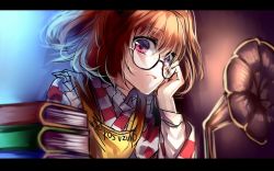 Rule 34 | 1girl, apron, bell, book, book stack, brown hair, glasses, letterboxed, motoori kosuzu, phonograph, pink eyes, solo, touhou, twintails, two side up, u u zan, upper body