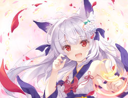 Rule 34 | 1girl, :d, animal ear fluff, animal ears, bare shoulders, bow, breasts, commentary request, detached sleeves, fang, floating hair, flower, grey hair, hair flower, hair ornament, hands up, highres, japanese clothes, kimono, long hair, long sleeves, looking at viewer, obi, open mouth, original, petals, red bow, red eyes, sash, sleeveless, sleeveless kimono, small breasts, smile, solo, tenmu shinryuusai, upper body, white flower, white kimono, white sleeves