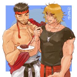 2boys arm_up beard belt black_belt black_shirt blonde_hair border brown_hair closed_eyes closed_mouth collarbone commentary_request crew_neck dog_tags facial_hair food halftone headband holding holding_plate ken_masters kurononekojyo male_focus multiple_boys muscular muscular_male nipples outside_border pants pectorals plate red_headband red_pants red_sash ryu_(street_fighter) sash shirt short_hair short_sleeves side-by-side smile street_fighter street_fighter_6 thick_eyebrows toothpick topless_male torn_clothes torn_sleeves twitter_username white_border white_pants