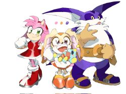 Rule 34 | 2boys, 2girls, amy rose, animal ears, belt, big the cat, blue eyes, blush stickers, bow, bowtie, carrying, cat ears, chao (sonic), cheese (sonic), colored sclera, cream the rabbit, eyelashes, furry, gloves, green eyes, hairband, hedgehog ears, height difference, highres, kayama yosi (yosiyosi), long ears, multiple boys, multiple girls, open mouth, pink hair, rabbit ears, sandals, shoes, skirt, smile, sonic (series), standing, white background, yellow sclera