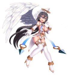 Rule 34 | 1girl, angel, angel wings, black hair, blush, breasts, cleavage, elbow gloves, gloves, greentanuki, halo, high heels, highres, large breasts, long hair, looking at viewer, open mouth, original, outstretched hand, pointy ears, purple eyes, simple background, solo, thighhighs, white background, white gloves, white thighhighs, wings