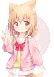 Rule 34 | 1girl, absurdres, animal ear fluff, animal ears, blush, bow, brown background, brown eyes, closed mouth, commentary request, hair bow, hair over shoulder, highres, jacket, light brown hair, long sleeves, low twintails, nakkar, open clothes, open jacket, original, pink jacket, pleated skirt, red bow, sailor collar, school uniform, serafuku, shirt, skirt, sleeves past wrists, smile, solo, star (symbol), starry background, tail, twintails, two-tone background, v, white background, white bow, white sailor collar, white skirt, yellow shirt