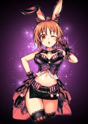 Rule 34 | 10s, 1girl, ;o, abe nana, animal ears, arm garter, black gloves, blush, bow, breasts, cleavage, cropped legs, gloves, hair bow, idolmaster, idolmaster cinderella girls, kaida michi, lace, lace-trimmed legwear, lace trim, large breasts, midriff, miniskirt, navel, one eye closed, open mouth, orange hair, ponytail, purple background, rabbit ears, red eyes, short hair, skirt, sleeveless, solo, sparkle, striped clothes, striped thighhighs, thighhighs, vertical-striped clothes, vertical-striped thighhighs, zettai ryouiki