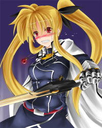 Rule 34 | 00s, 1girl, bardiche (nanoha), bardiche (riot blade) (nanoha), blonde hair, blush, breasts, buttons, cape, clenched teeth, cowboy shot, crying, crying with eyes open, fate testarossa, fate testarossa (impulse form), gauntlets, holding, holding sword, holding weapon, long hair, lyrical nanoha, mahou shoujo lyrical nanoha, mahou shoujo lyrical nanoha strikers, military, military uniform, raising heart, raising heart (standby mode), red eyes, solo, sword, tears, teeth, twintails, uniform, very long hair, weapon