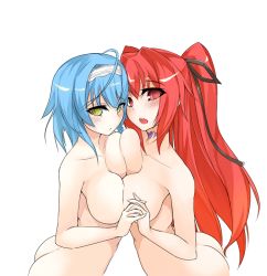 Rule 34 | 10s, 2girls, ahoge, ass, blue hair, blush, breast press, breasts, butt crack, hairband, holding hands, heart, interlocked fingers, large breasts, long hair, looking at viewer, multiple girls, naruse mio, neck tattoo, nonaka yuki, nude, open mouth, red eyes, red hair, rindou (faker&#039;s manual), shinmai maou no testament, symmetrical docking, tattoo, transparent background, white background, yellow eyes