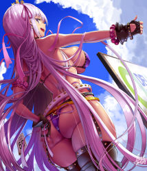 Rule 34 | 1girl, :d, arm garter, ass, bare shoulders, bb (fate), bb (fate) (all), bb (swimsuit mooncancer) (fate), bb (swimsuit mooncancer) (second ascension) (fate), bead bracelet, beads, belt, bikini, billboard, black gloves, blue sky, bracelet, breasts, brown thighhighs, cloud, cowboy shot, dark-skinned female, dark skin, day, earrings, fate/grand order, fate (series), fingerless gloves, from behind, from below, garter straps, gloves, hair ornament, hair ribbon, hand on own ass, highres, hitchhiking, jewelry, large breasts, long hair, looking at viewer, looking back, looking down, multiple belts, open mouth, outdoors, outstretched arm, pink ribbon, purple bikini, purple eyes, purple hair, ribbon, road sign, sideways mouth, sign, signature, skindentation, sky, smile, solo, star (symbol), star earrings, star hair ornament, strap gap, swimsuit, teeth, thighhighs, thumbs up, underboob, uo denim, upper teeth only, very long hair