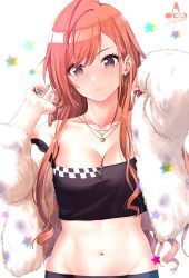 Rule 34 | 1girl, abs, arisugawa natsuha, arm up, artist logo, bare shoulders, blush, breasts, chrysoberyl (gemstone), citrine (gemstone), cleavage, closed mouth, collarbone, commentary, crop top, earrings, fur, fur jacket, gem, green nails, groin, hand up, head tilt, highres, hoop earrings, idolmaster, idolmaster shiny colors, infinote, jacket, jewelry, long hair, looking at viewer, medium breasts, midriff, nail polish, navel, necklace, off shoulder, open clothes, open jacket, purple eyes, red hair, ringlets, sidelocks, signature, simple background, solo, stomach, white background, white jacket
