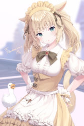 Rule 34 | 1girl, :o, animal ears, bird, black bow, blonde hair, blue eyes, bow, breasts, brown skirt, cat ears, cat girl, cat tail, center frills, commentary request, final fantasy, final fantasy xiv, frilled skirt, frills, goose, hands on own hips, head tilt, highres, kanora, looking at viewer, maid, maid headdress, medium breasts, miqo&#039;te, parted lips, puffy short sleeves, puffy sleeves, shirt, short sleeves, skirt, solo, tail, twintails, warrior of light (ff14), white shirt, wrist cuffs