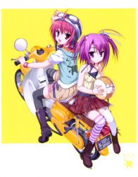 Rule 34 | 2girls, bicycle, black thighhighs, goggles, helmet, kobuichi, multiple girls, multiple riders, muririn, purple hair, red hair, source request, striped clothes, striped legwear, striped thighhighs, thighhighs, twintails, white thighhighs