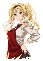 Rule 34 | 10s, 1girl, akai kagerou, apron, blonde hair, braid, breasts, commentary request, dress shirt, granblue fantasy, green eyes, hairband, hand on own hip, highres, long hair, looking at viewer, looking to the side, medium breasts, necktie, red apron, shirt, side braid, sidelocks, simple background, sleeve cuffs, smile, solo, twintails, upper body, white background, zeta (granblue fantasy)