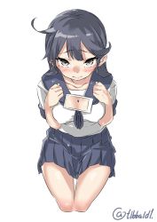 Rule 34 | 10s, 1girl, ahoge, bad id, bad twitter id, blue hair, blue skirt, blush, breasts, brown eyes, cleavage, closed mouth, collarbone, cowboy shot, cropped legs, ebifurya, eyebrows, from above, hands on own chest, highres, inactive account, kantai collection, long hair, looking at viewer, medium breasts, pleated skirt, school uniform, serafuku, short sleeves, simple background, skirt, solo, tawawa challenge, tears, twitter username, ushio (kancolle), white background, x-ray