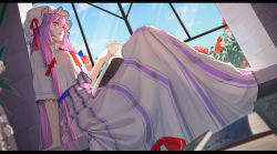Rule 34 | 1girl, arm at side, arm support, blue eyes, blue ribbon, blue sky, blurry, book, book stack, breasts, capelet, crescent, cup, day, depth of field, dress, dutch angle, flower, hair ribbon, hat, hat ribbon, highres, holding, holding cup, houraisan chouko, indoors, knee up, lace, lace-trimmed capelet, lace-trimmed dress, lace trim, large breasts, letterboxed, long hair, looking away, open book, patchouli knowledge, purple eyes, purple hair, red flower, red lips, red neckwear, red ribbon, red rose, ribbon, rose, running bond, sitting in window, sky, solo, striped, teacup, touhou, tress ribbon, very long hair, white flower, window, windowsill
