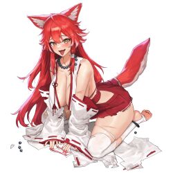 Rule 34 | 1girl, ahoge, animal ear fluff, animal ears, anklet, bare shoulders, battle damage, bead necklace, beads, blush, breasts, broken necklace, cleavage, defeat, detached sleeves, eyeliner, fangs, feet, fenrir (last origin), hands on ground, highres, huge breasts, injury, jewelry, large breasts, last origin, long hair, long sleeves, looking at viewer, messy hair, nail polish, necklace, nontraditional miko, official alternate costume, official art, ofuda, ofuda removed, open mouth, over-kneehighs, pleated skirt, red eyeliner, red hair, red nails, red ribbon, red skirt, ribbon, simple background, sitting, skindentation, skirt, tachi-e, tail, thick thighs, thighhighs, thighs, tongue, tongue out, tooth necklace, torn clothes, torn skirt, torn sleeves, torn thighhighs, transparent background, tunamayo (dsasd751), wariza, wolf ears, wolf girl, wolf tail, yellow eyes